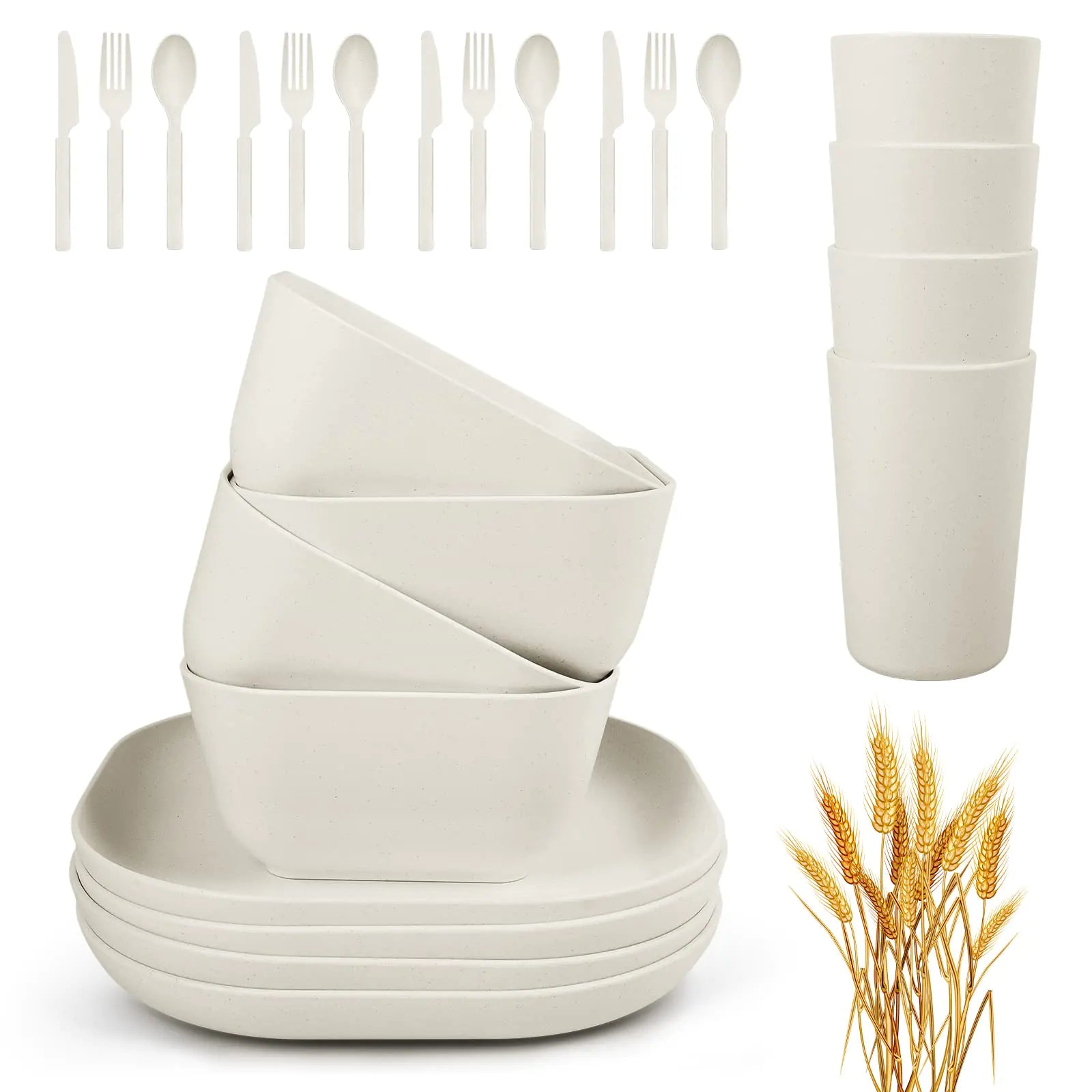White Wheat Straw Square Dinnerware Sets 24 Piece